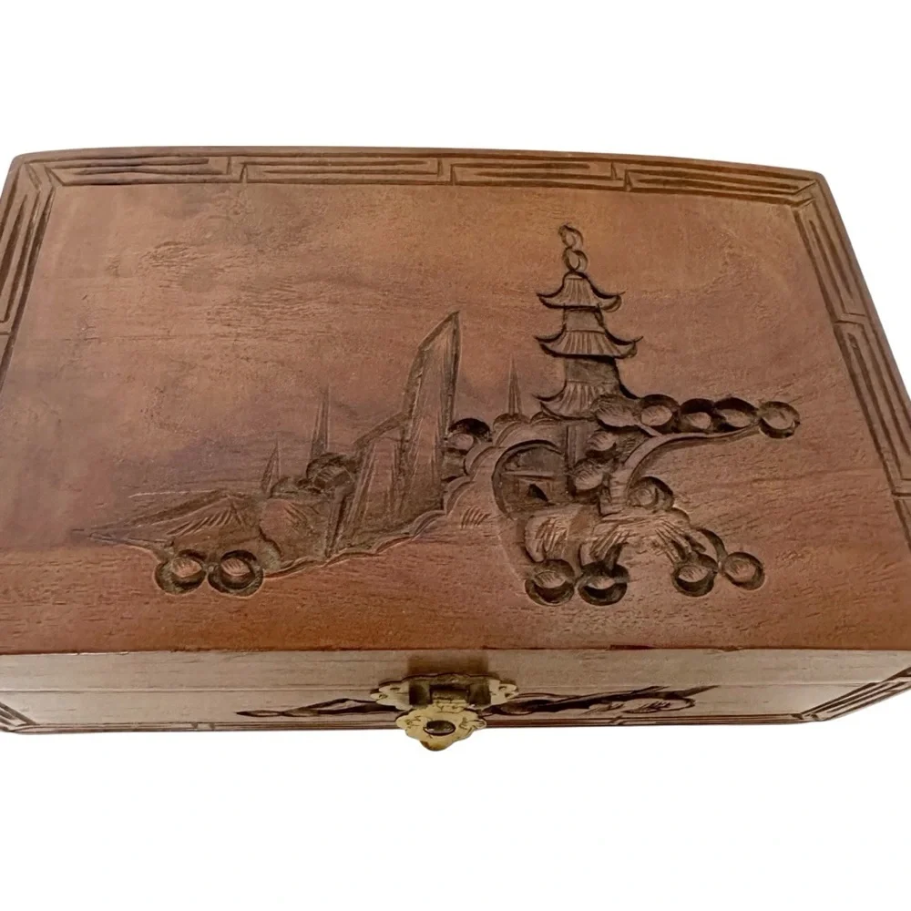 Wooden Carved Jewelry Box with Brass Latch Vintage
